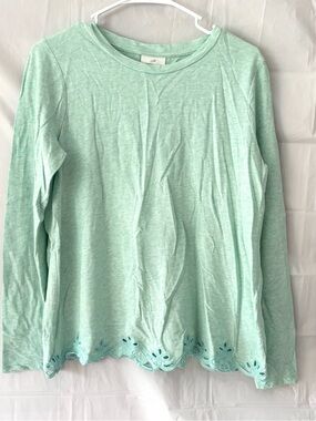 J. Jill Mint Green Cotton Long Sleeve Top with Floral Cutout Hem SZ S